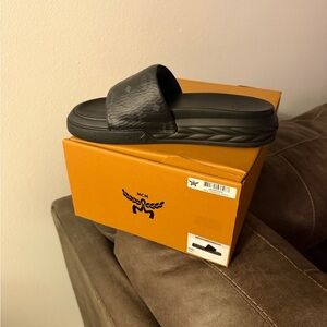 MCM Black Embossed Slide Sandals